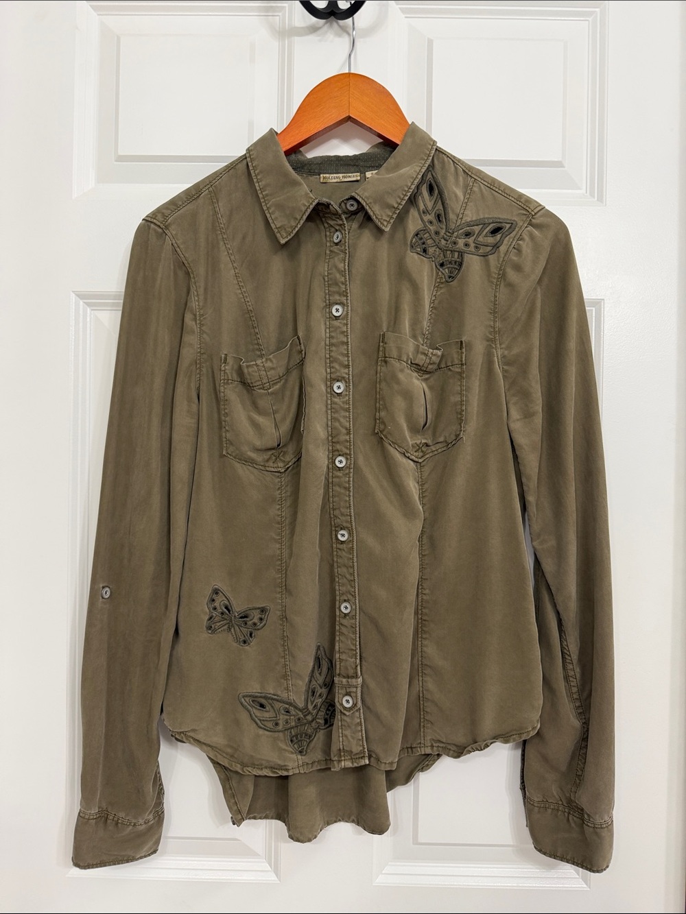 Olive Green Butterfly-Embroidered Button-Up Shirt